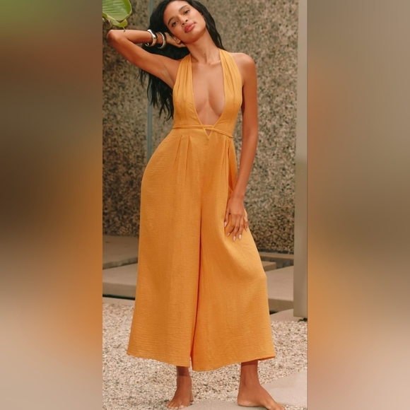 Anthropologie Celandine Sleeveless Plunge Jumpsuit Sun Yellow